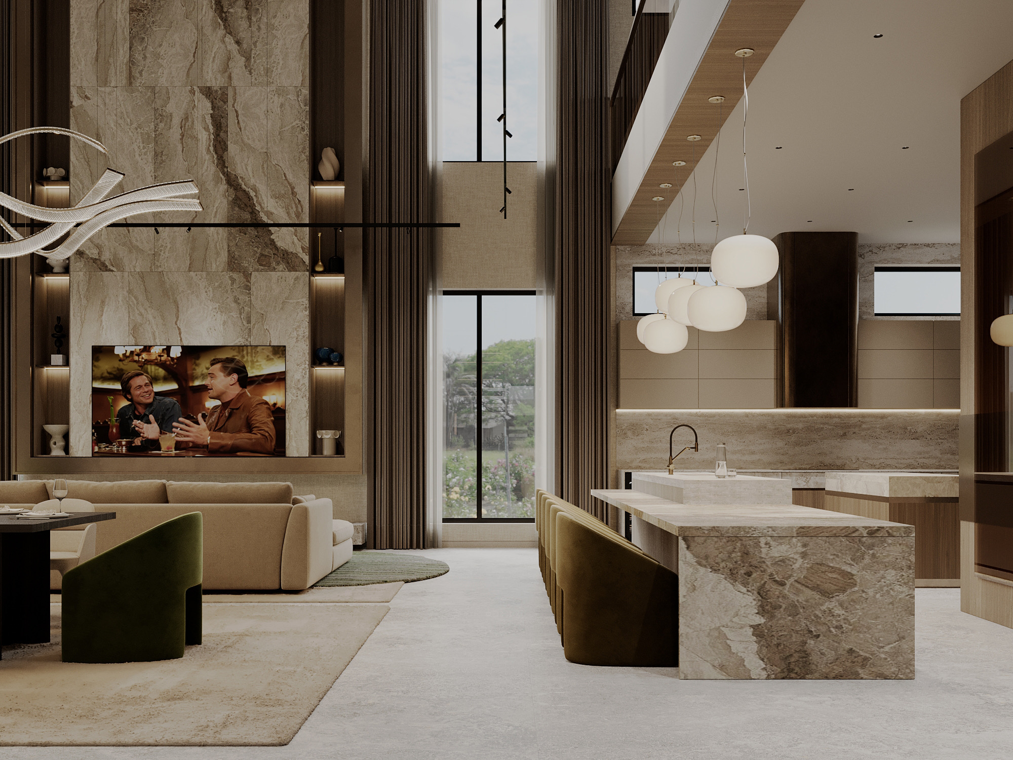 Kitchen island and living room