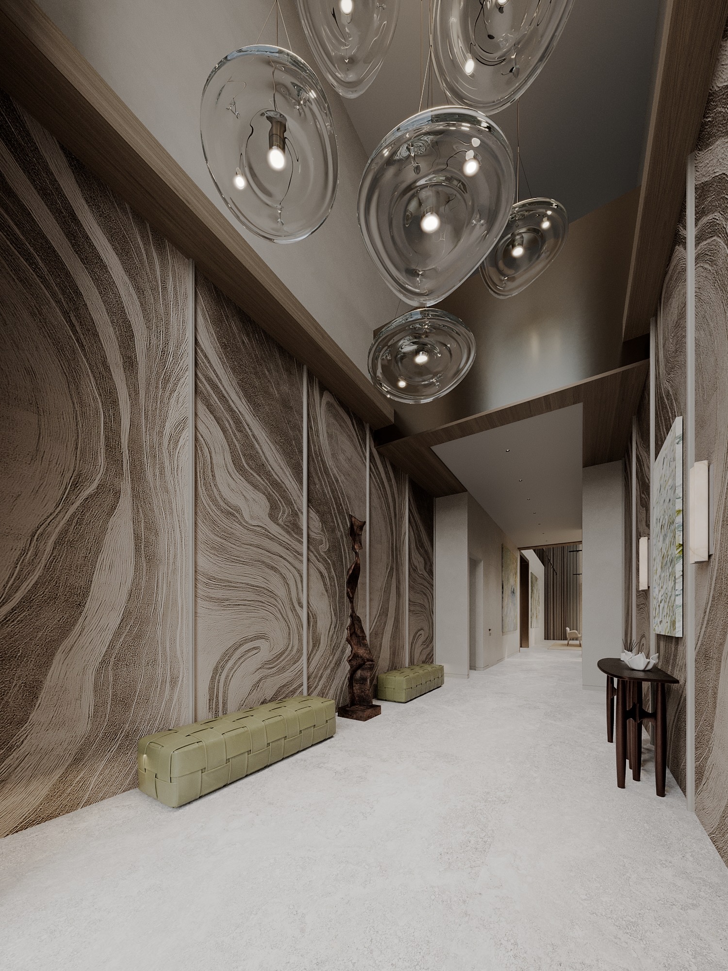 Hallway with sculptural wall
